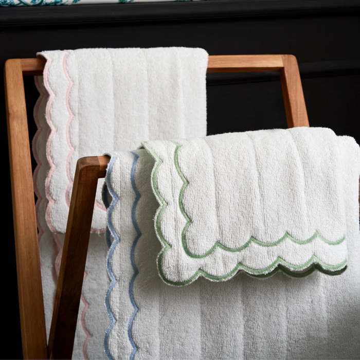 White Scalloped Edge Embroidered Cotton Bath Mat - Available With Pink, Blue Or Green Trim - The Well Appointed House