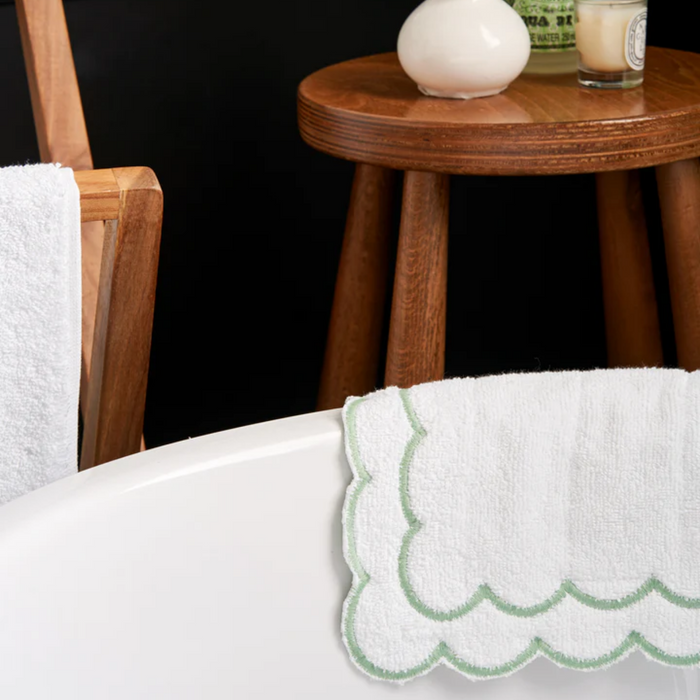 White Scalloped Edge Embroidered Cotton Bath Mat - Available With Pink, Blue Or Green Trim - The Well Appointed House
