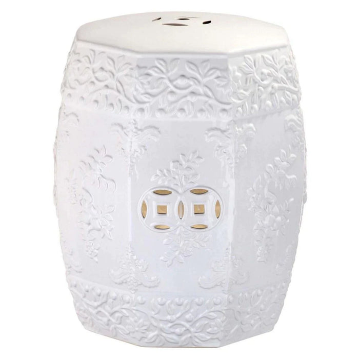 White Textured Floral Design Ceramic Garden Stool