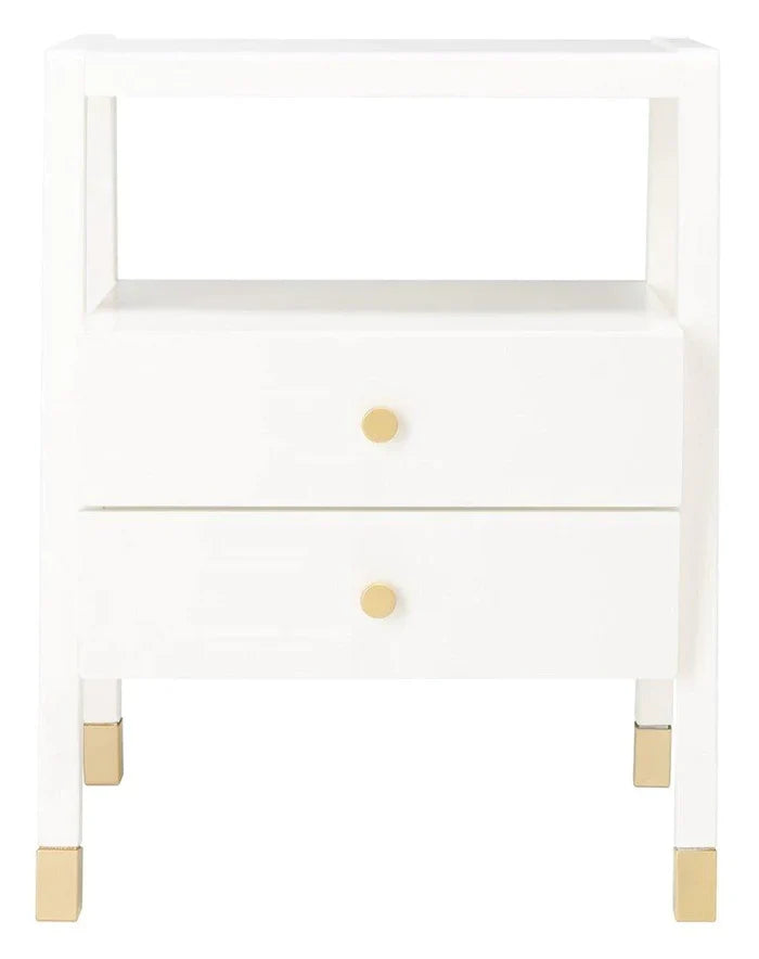 White Two Drawer One Shelf Side Table With Gold Accents - Side & Accent Tables - The Well Appointed House