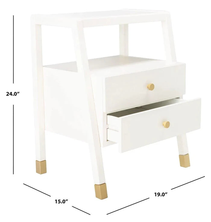 White Two Drawer One Shelf Side Table With Gold Accents - Side & Accent Tables - The Well Appointed House