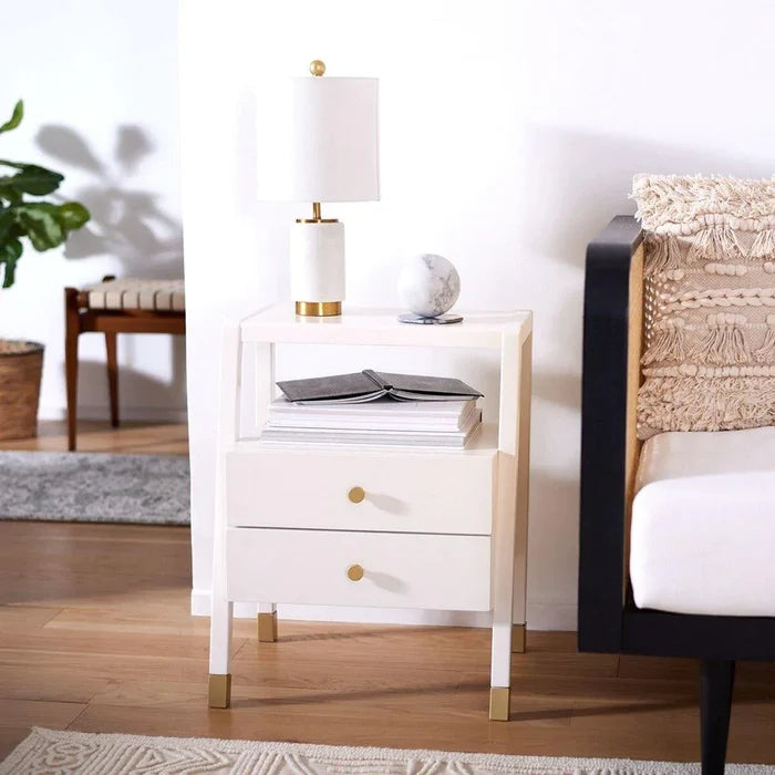 White Two Drawer One Shelf Side Table With Gold Accents - Side & Accent Tables - The Well Appointed House