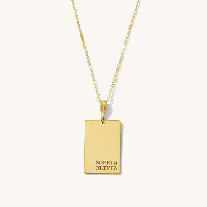 The Willow necklace, a simple rectangular pendant in 14k gold fill