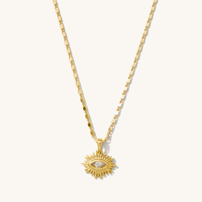 Yaz evil eye necklace, worn for good luck and to ward off misfortune